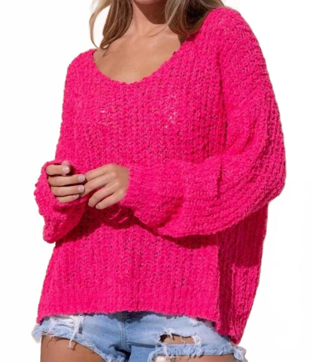NEW SWEET GENERIS loose popcorn knit boat neck pullover in fucshia